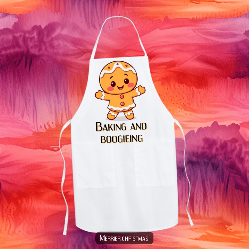 Funny smiling gingerbread man apron, decorated with icing, dancing happily, perfect for festive cooking and baking.