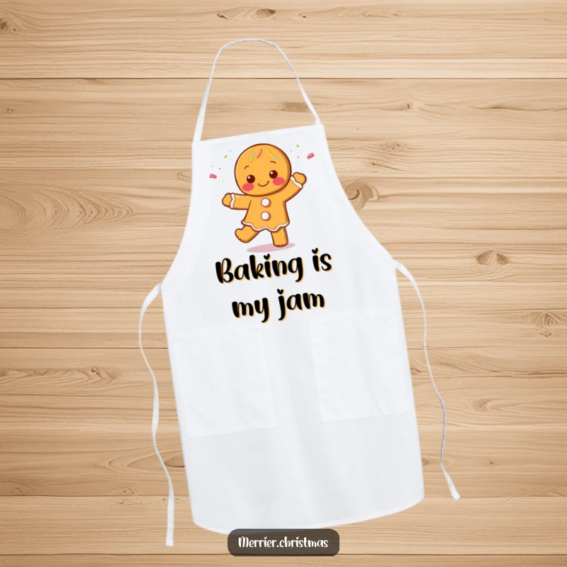 Funny Gingerbread Man Apron featuring a character dancing cheerfully, covered in sprinkles, perfect for festive baking and kitchen fun.