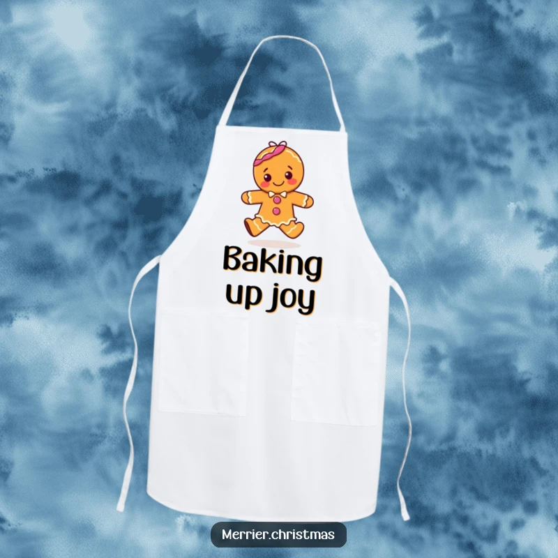 Funny apron illustrating a happy gingerbread character mid-hop, ready to add merriment to any culinary creation.