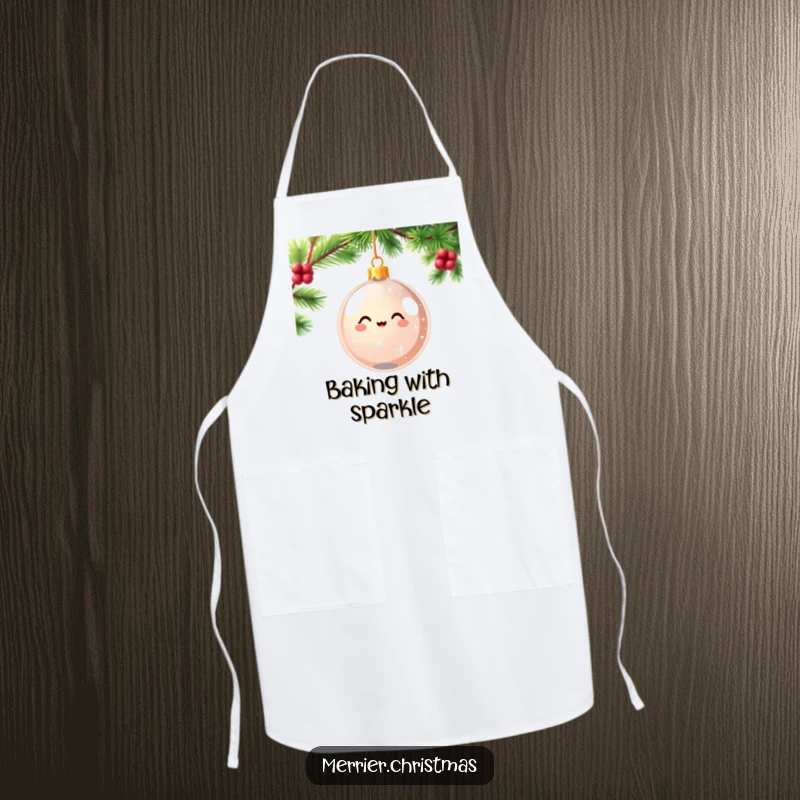 Funny kawaii Christmas ornament apron sparkling and spinning with pure delight, perfect for festive and humorous kitchen use.