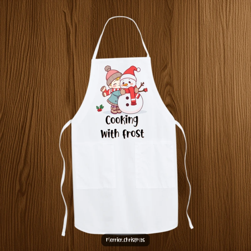 Funny kawaii character hugging a jolly snowman, a delightful and humorous apron design for winter kitchen fun.