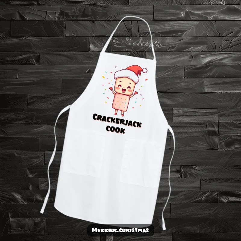 Funny Apron showing a Christmas cracker character joyfully popping with confetti, perfect for a fun cooking experience.