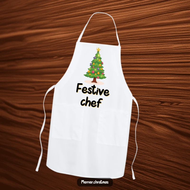 Funny Christmas tree apron with sparkling ornaments, twinkling, perfect for holiday cooking and as a funny gift.