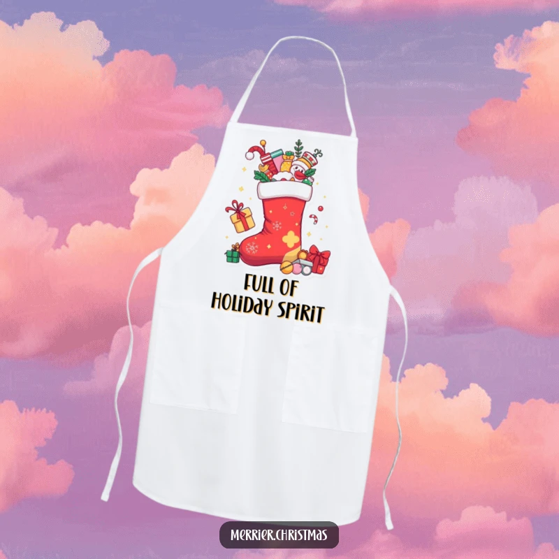 Funny Christmas stocking character overflowing with playful holiday goodies, showcased on a festive apron.
