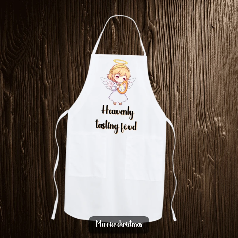Funny Angel Harp Apron featuring a character dressed as an angel, playing a tiny, radiant harp, perfect for blessed and humorous cooking.