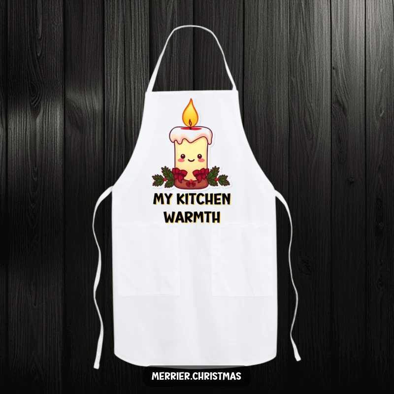 Funny Christmas candle apron, a character with a warm, smiling flame, perfect for joyful holiday cooking.