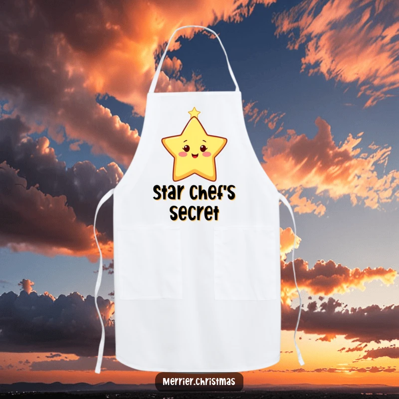 Funny Apron featuring a happy, stylized Christmas star character twinkling brightly, ideal for a sparkling culinary experience.