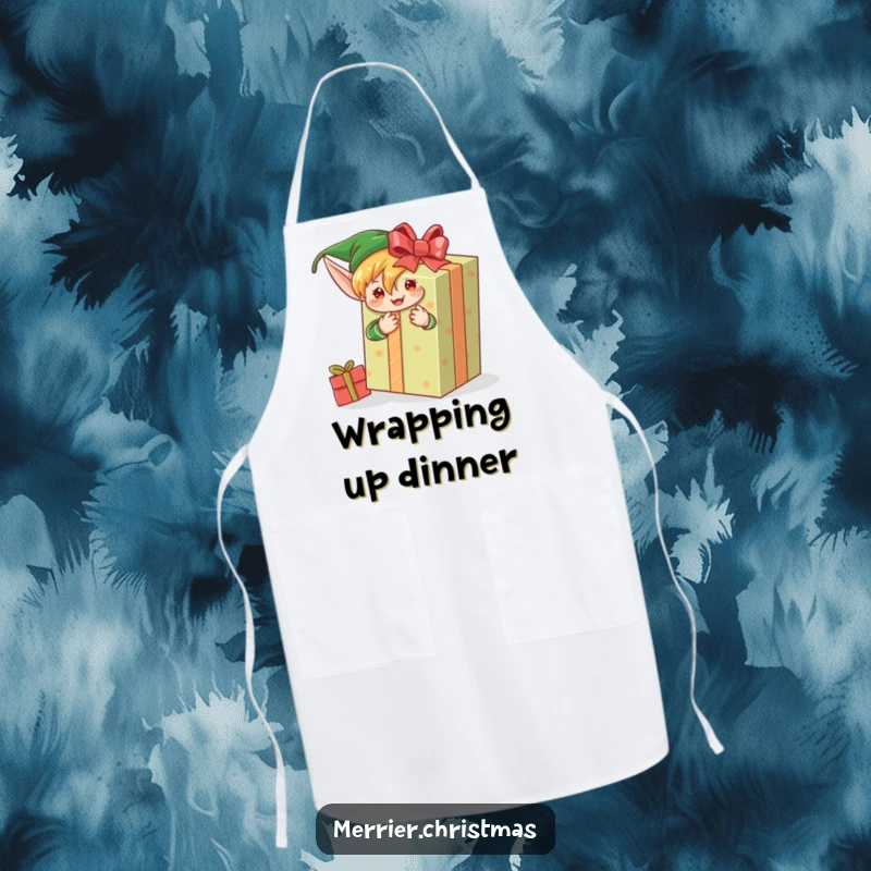 Funny apron designed with an elf character enthusiastically wrapping a very large gift, ready for holiday kitchen duties.