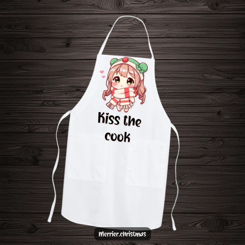 Funny Festive Scarf Kiss Apron showing a character in a scarf blowing a kiss, adding a humorous and festive touch to cooking.