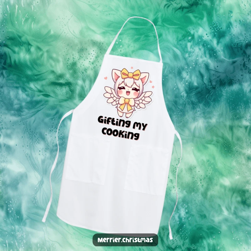 Funny gift bow apron, a character with a gift bow enthusiastically sprouting wings, ready for creative cooking.