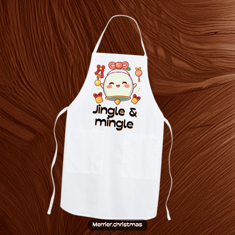 Funny Apron adorned with a festive bell character that has a cheerful, jingly vibration, perfect for a joyful cooking experience.