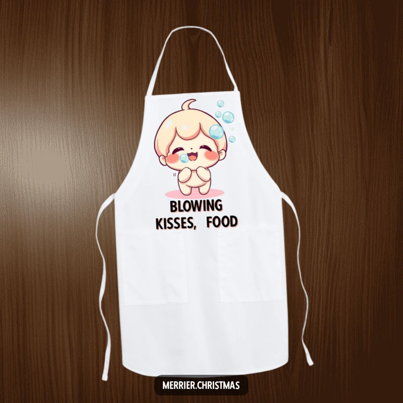Funny Apron showing a kawaii character joyfully blowing a stream of sparkly bubbles, ready for cheerful kitchen activities.