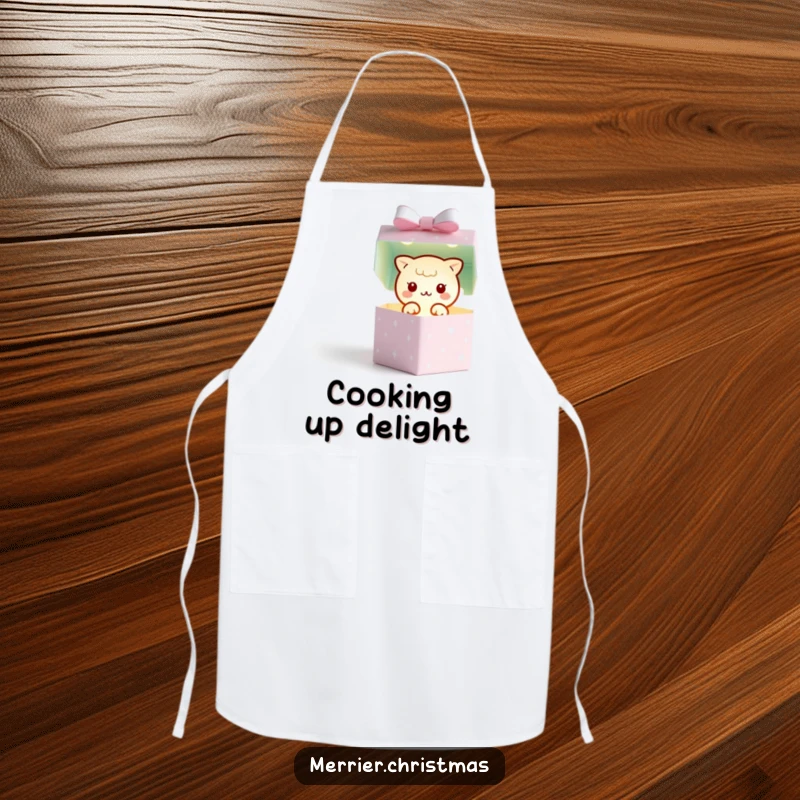 Funny apron featuring a kawaii gift box character popping open to reveal a tiny, twinkling light, perfect for inspiring kitchen creativity.