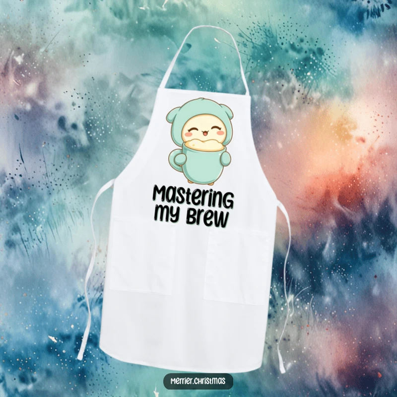 Funny kawaii character winking while holding a warm, frothy drink mug, adorning a humorous and practical apron.