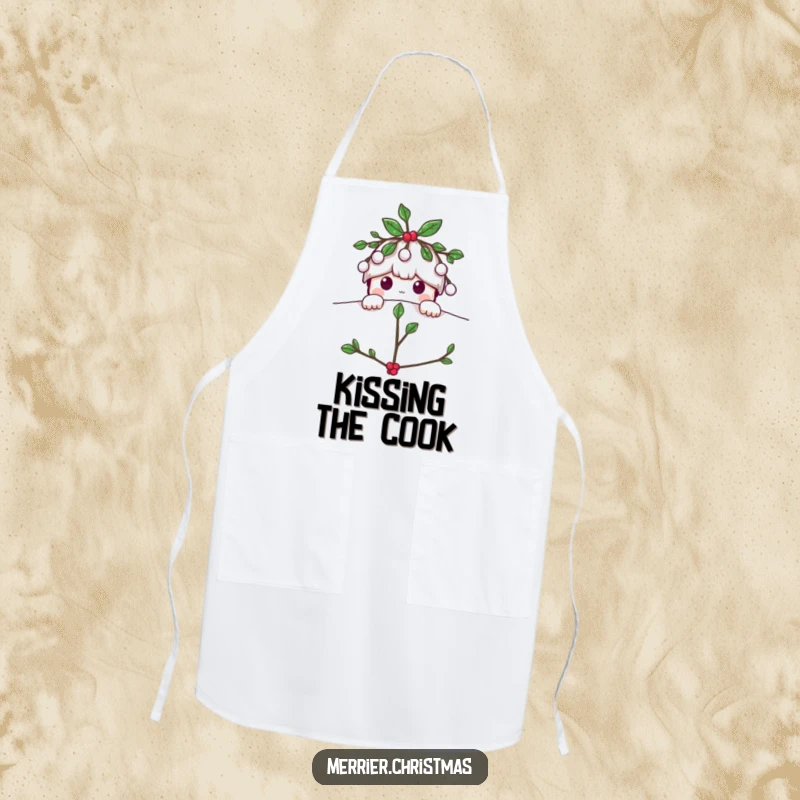 Funny Mistletoe apron, a charming character playfully peeking from the top, perfect for holiday baking and cooking fun.
