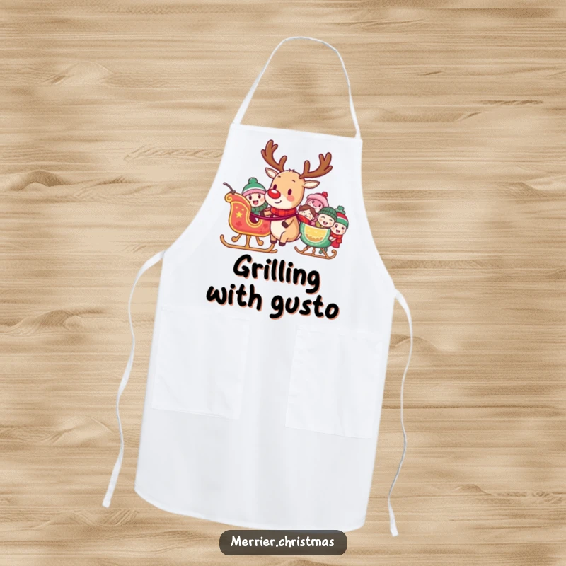 Funny apron featuring a reindeer pulling a sleigh full of laughing characters, perfect for adding holiday humor to cooking.