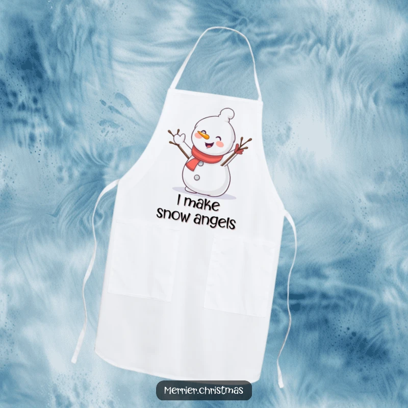 Funny apron illustrating a happy snowman character waving its twig arm, ready to bring cheer to the kitchen.