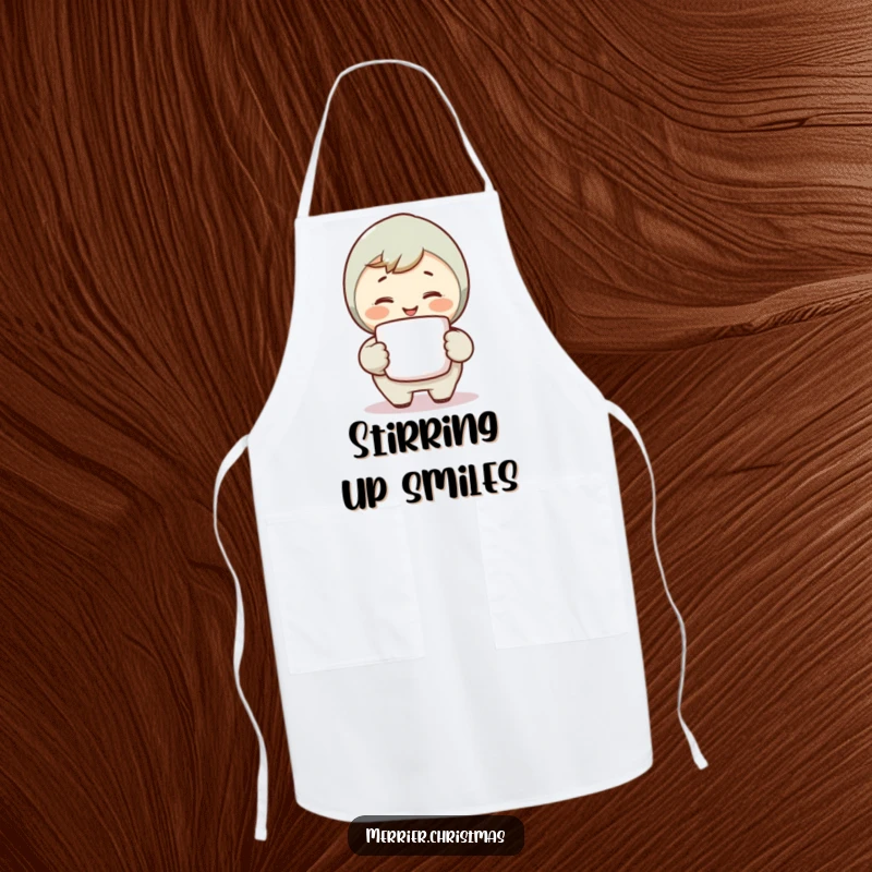 Funny Warm Smile Apron showing a character holding a steaming mug and smiling warmly, bringing comforting fun to cooking.