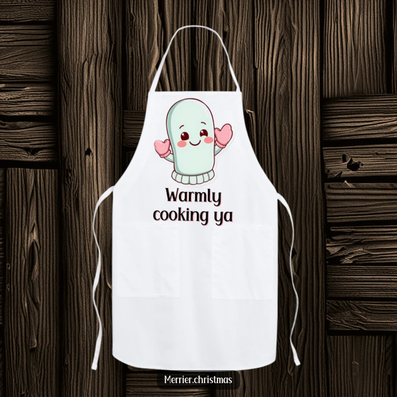 Funny Apron: A mitten character waves energetically with a warm smile, adding fun to kitchen activities.