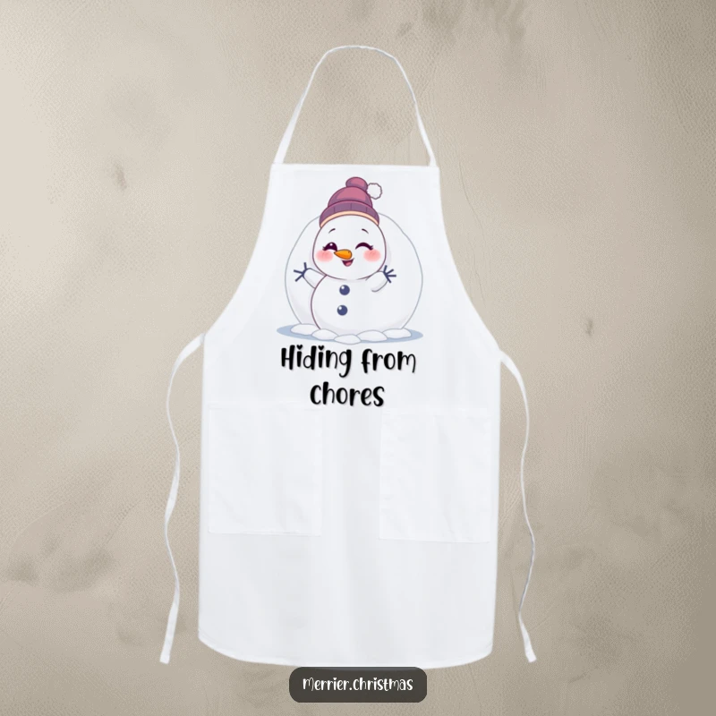 Funny Winking Snowman Apron: a cute snowman humorously peeking and winking from behind a snowball, for spotless cooking.