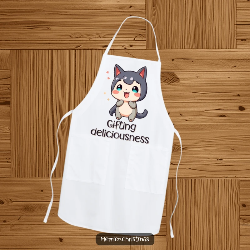Funny Cooking Apron, featuring a present character wiggling with excitement, perfect for a joyful kitchen.