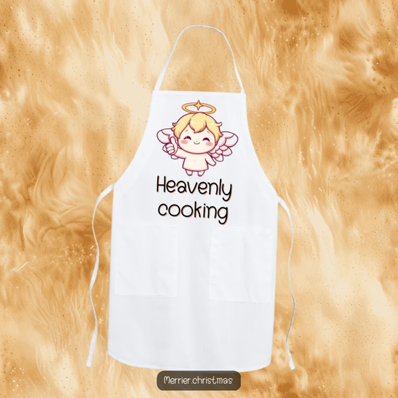 Funny apron with a kawaii angel character, sparkling halo, and a cheerful thumbs up, ready for kitchen blessings.