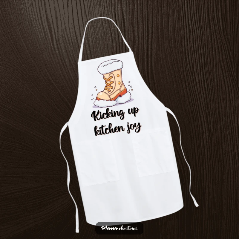 Funny Cooking Apron, featuring a cheerful boot character kicking snow, perfect for adding humor to the kitchen.