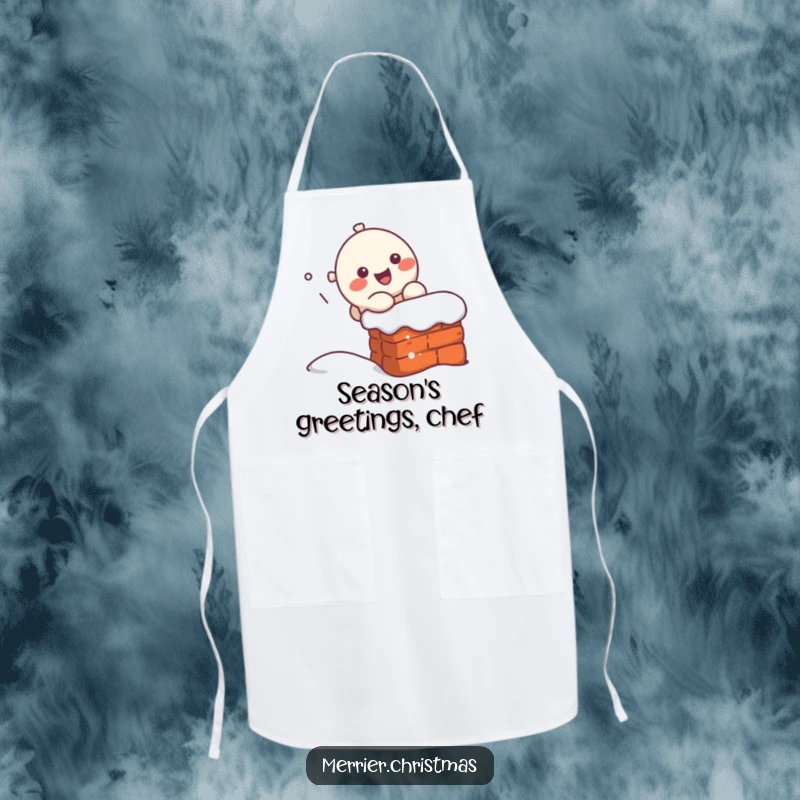 Funny kawaii character sliding down a chimney, adding a touch of festive humor to this apron for kitchen activities.