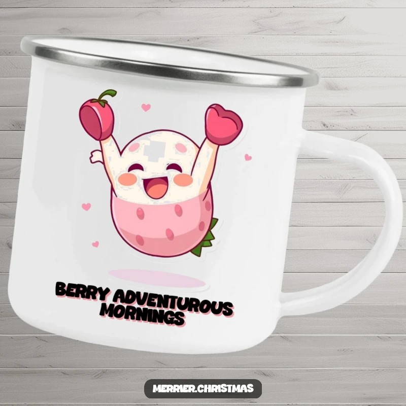 Funny Enamel Camping Mug, a holly berry character performing a somersault, perfect for festive adventures.