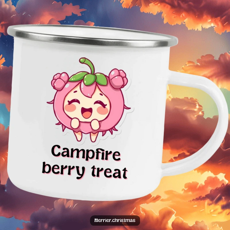 Funny holly berry character giggling with excitement, printed on a durable camping mug for holiday merriment.
