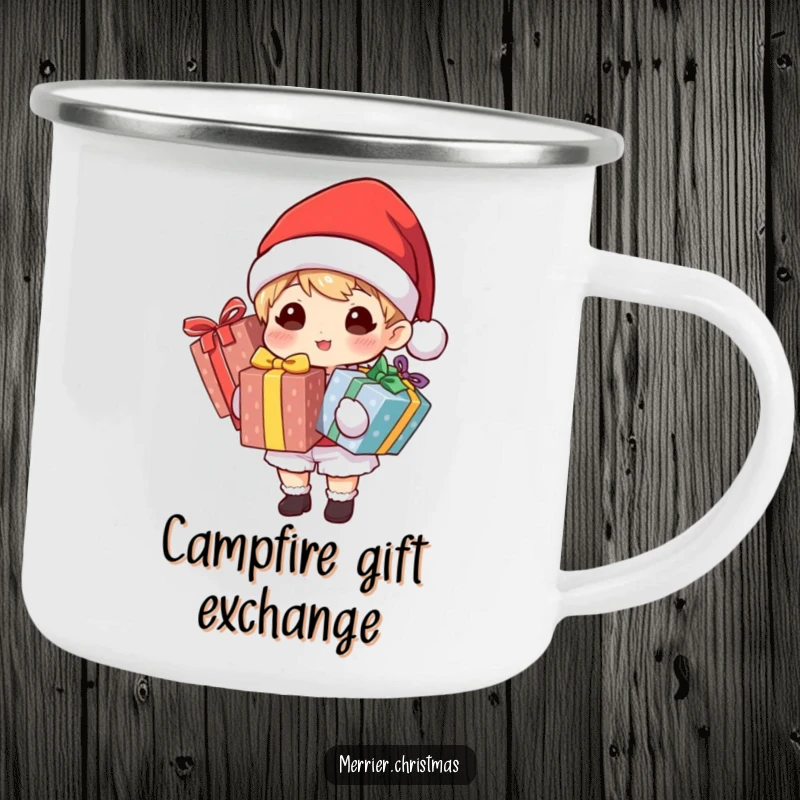 Funny camping mug featuring a character in a Santa hat holding brightly wrapped gifts, perfect for enjoying drinks with holiday cheer.