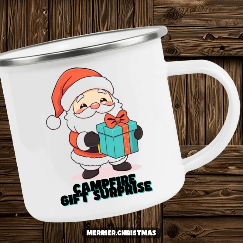 Funny camping mug featuring a cute Santa Claus character with twinkling eyes, handing out gifts, perfect for festive outdoor fun.
