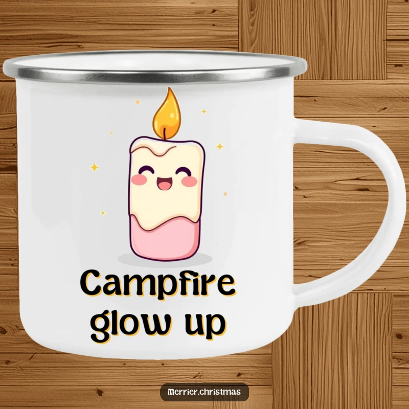 Funny Candle Camping Mug showing a flickering candle character with cheerful energy, ideal for outdoor enthusiasts who love humor.