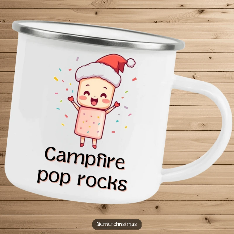 Funny Camping Mug featuring a Christmas cracker character joyfully popping with confetti, perfect for outdoor celebrations.