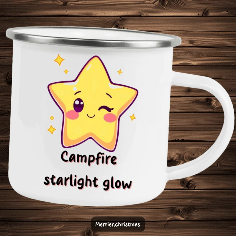 Funny Kawaii Star Camping Mug: Sturdy and cute cartoon star character winking, perfect for hot or cold drinks during outdoor adventures.