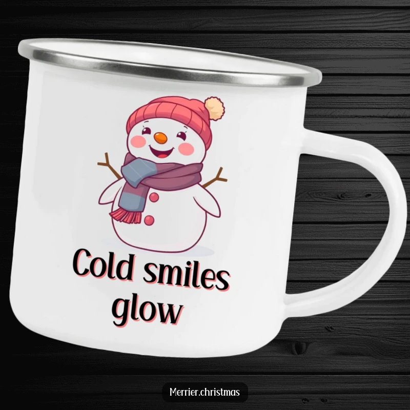 Funny camping mug featuring a cute snowman in a festive scarf, beaming with warmth for outdoor enjoyment.