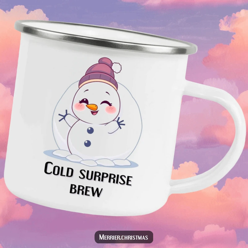 Funny Winking Snowman Camping Mug: a durable mug with a cute snowman humorously peeking and winking from behind a snowball.
