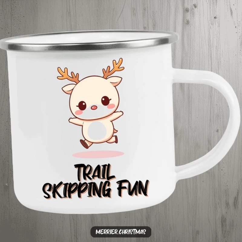 Funny Camping Mug featuring a kawaii character wearing reindeer antlers and happily skipping, ready for festive outdoor fun.