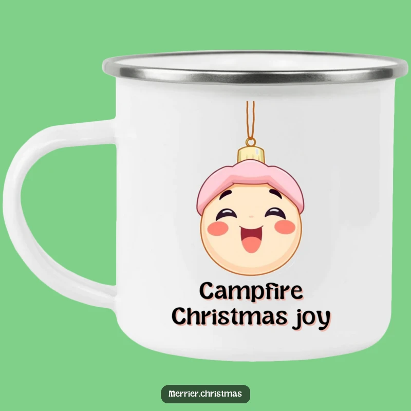 Funny Christmas Camp Mug: Excited Ornament Character's Holiday Cheer - Humorous Adventure Gift