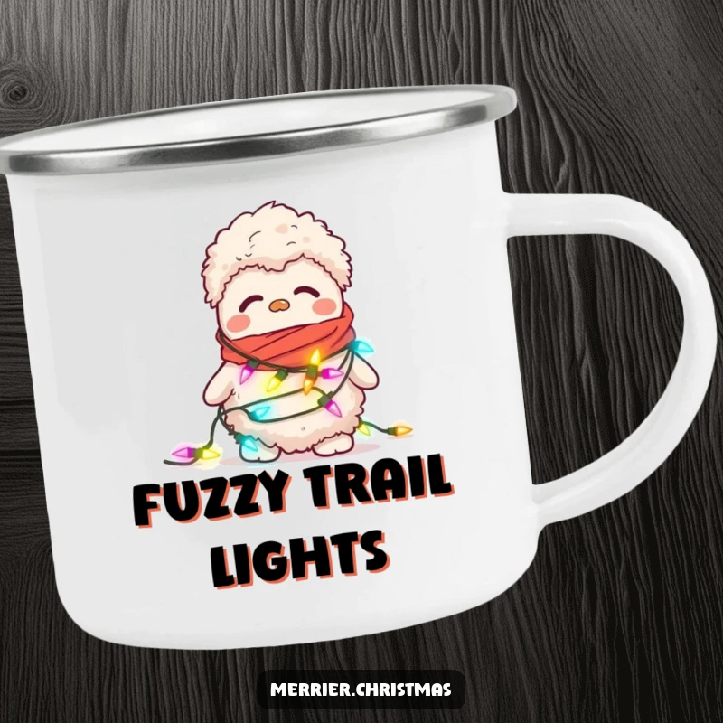Funny camping mug showing a confused, fuzzy slipper attempting to wear a string of blinking Christmas lights as a scarf.