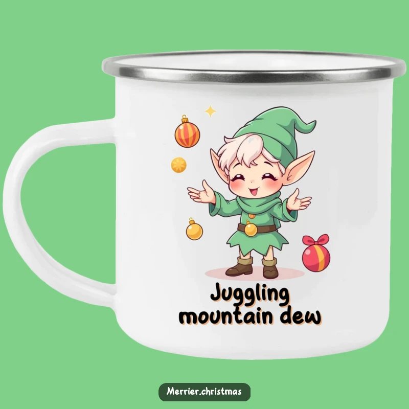 Funny Elf Juggling Ornaments Camping Mug: Adventure Fuel and Hilarious Holiday Gift