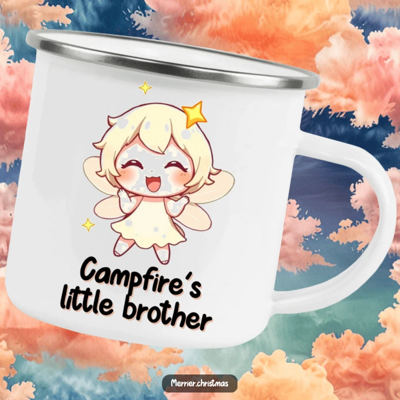 Funny fairy light character twinkling with exaggerated delight, printed on a durable camping mug for outdoor merriment.