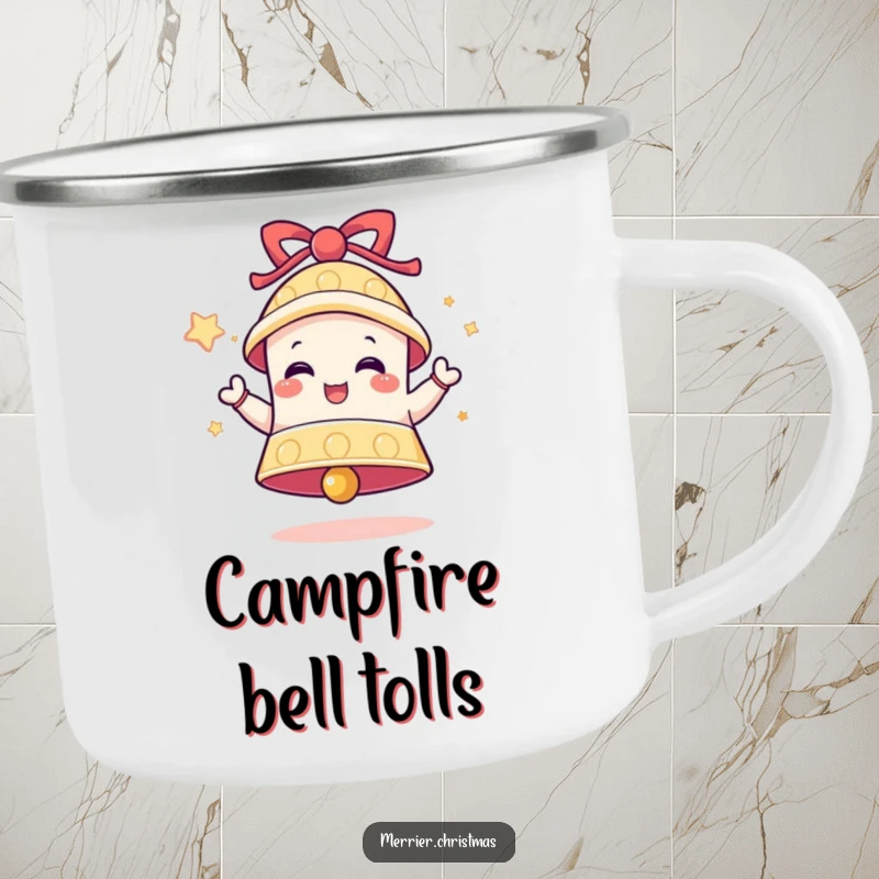 Funny Bell Camping Mug showing a ringing bell character exuding delight, ideal for outdoor enthusiasts who love festive humor.