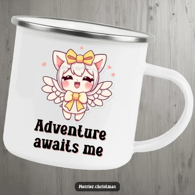 Funny gift bow camping mug, a character with a gift bow enthusiastically sprouting wings, perfect for adventurous sips.