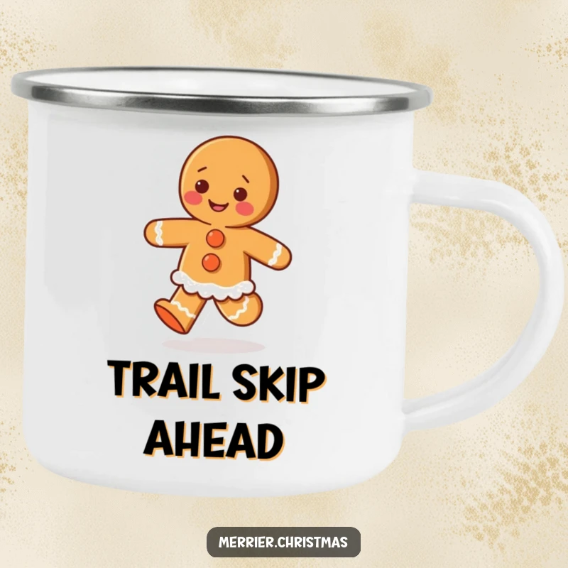 Funny camping mug featuring a gingerbread person with icing buttons, joyfully skipping, ideal for holiday outdoor enjoyment.