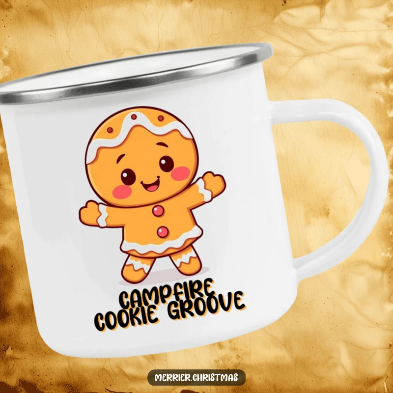 Funny smiling gingerbread man camping mug, with icing, dancing joyfully, perfect for holiday camping trips.