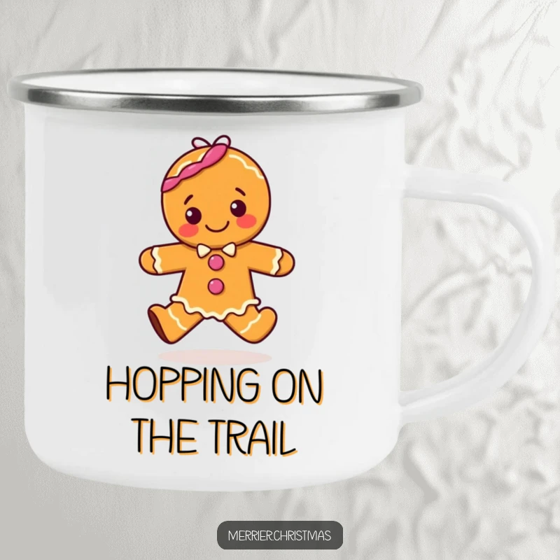 Funny camping mug showing a joyful gingerbread character mid-hop, bringing sweet festive spirit to outdoor adventures.