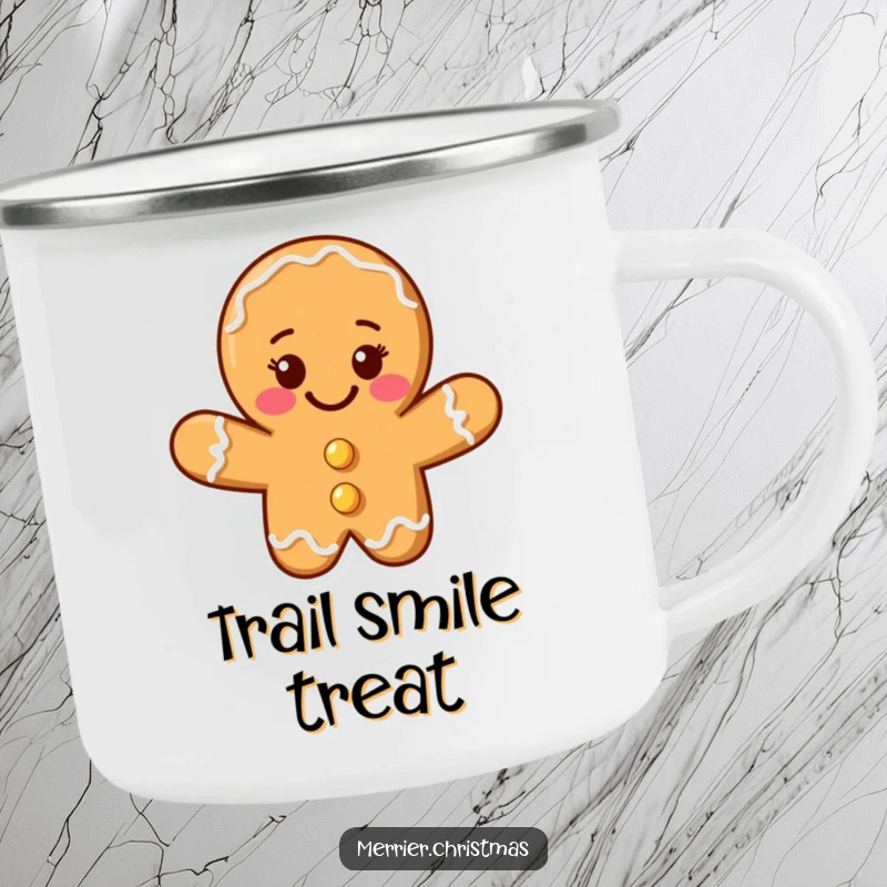 Funny gingerbread cookie man camping mug with a beaming smile, perfect for outdoor holidays and as a funny gift.