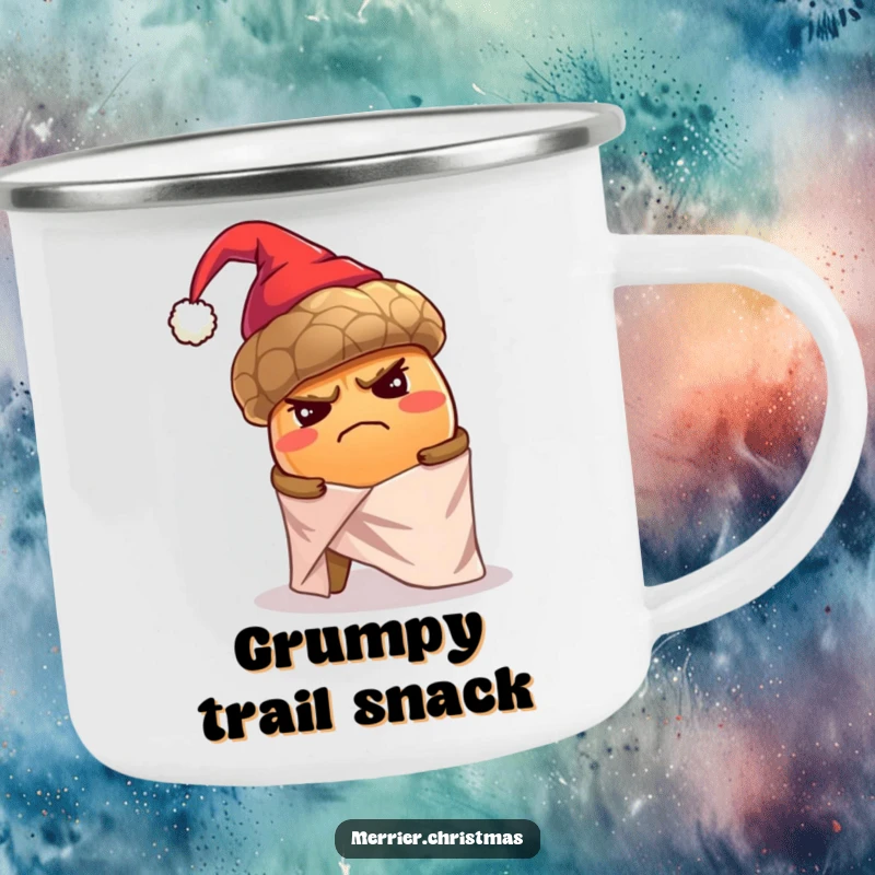 Funny camping mug showing a grumpy, oversized acorn in a tiny Santa hat struggling to wrap itself alone in shiny holiday paper.