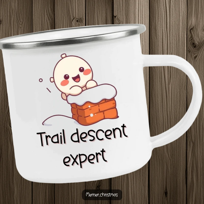 Funny kawaii character sliding down a chimney, designed for a rugged yet cheerful camping mug.
